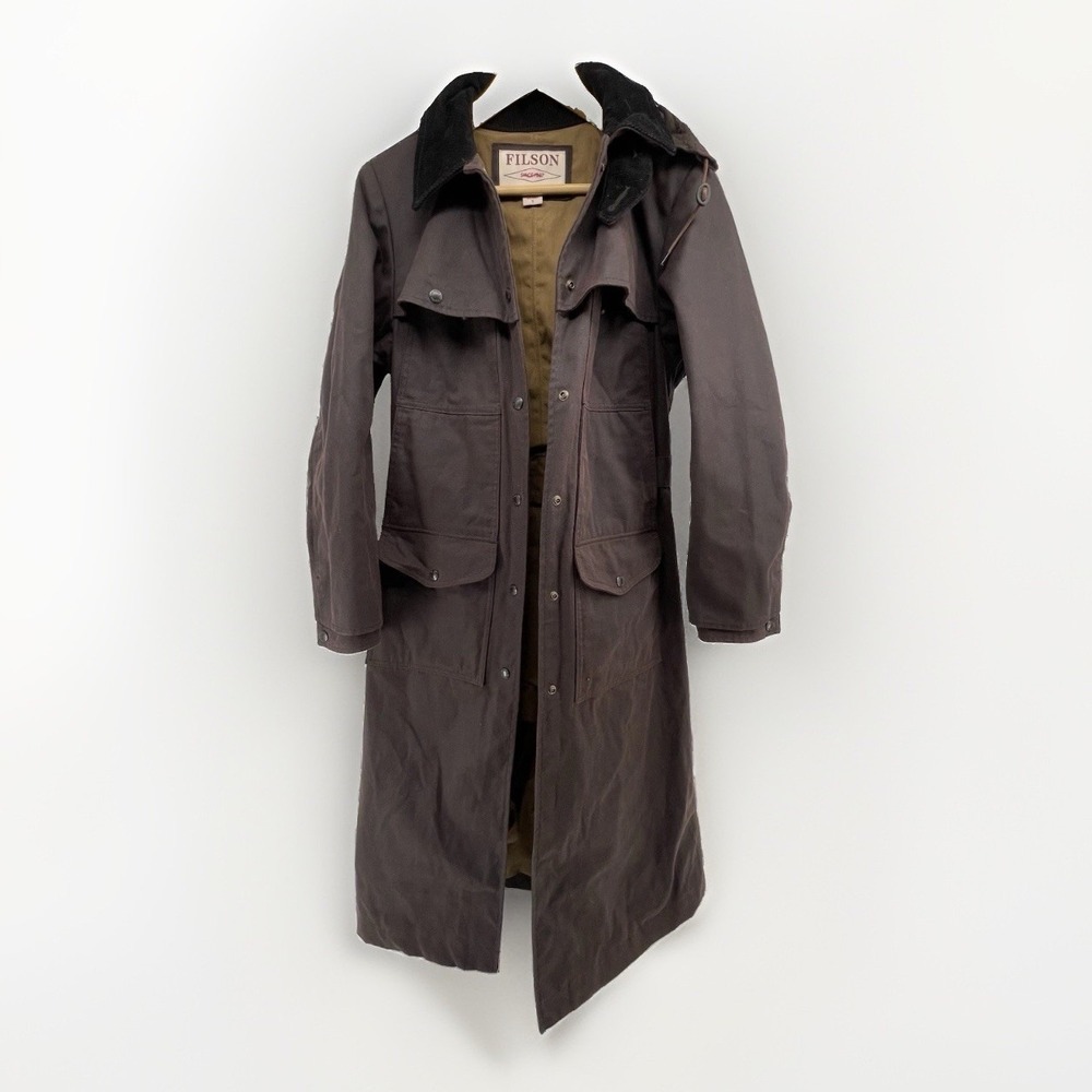 Filson Brown Waxed Cotton Duster w/ Hood Made in USA Men's Size S RARE!